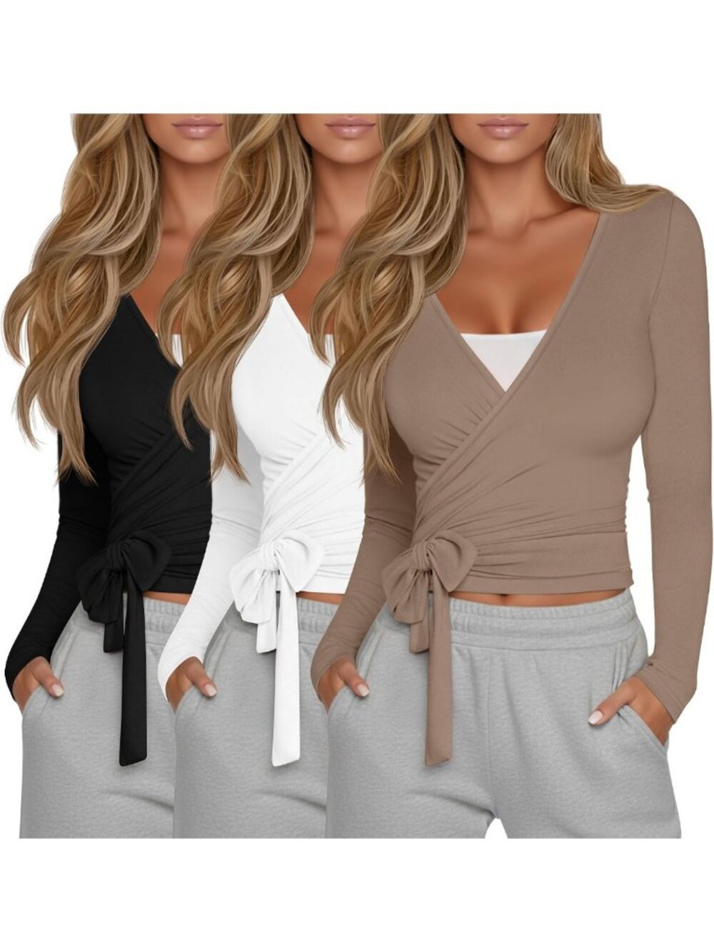 3 Pack Women's Pilates Wrap Tops - Ballet Tie Wrap Shirts for Yoga & Fitness